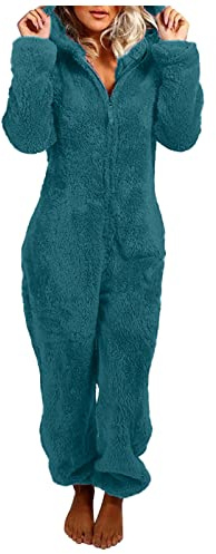 Pyjama une pièce en polaire pour femme - Combinaison chaude - Sherpa - Grenouillère - Vêtement de nuit - Fermeture éclair - Avec capuche - Combinaison d'intérieur - Longue combinaison de pyjama douce