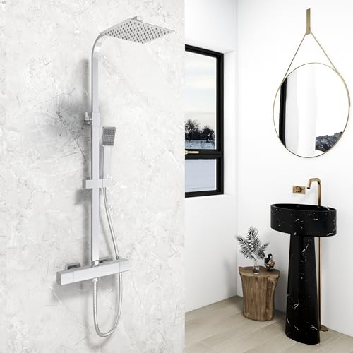 MYB Square Chrome Thermostatic Mixer Shower Set, Overhead Rainfall Shower Head, Handheld Shower Head