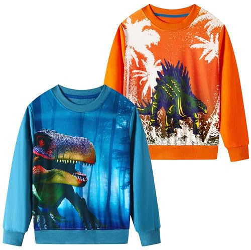 SOIBEEN pojkar tröja förtjusande barnpullover 2-pack topp skjorta jumper rund hals långärmad vardagskläder vår höst bomull huvtröja 1-10 år, Orangblå-3d-dinosaurie, 3-4 år