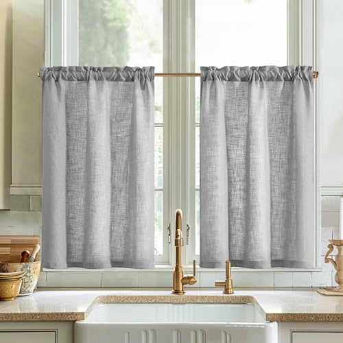 Vangao Scheibengardinen Modern Bistrogardine 2er Set 65Bx60Hcm, Uni Grau | Einfarbig Leinenoptik Scheibengardinen Küche mit Stangendurchzug Lichtdurchlässig, Gardinen Kurz Wohnwagen Wohnzimmer Fenster