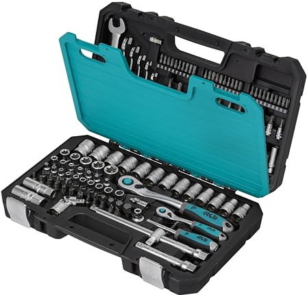 HB 132-teiliger Steckschlüsselsatz AKM020-G mit 120-Zahn Offset Umschaltknarren 1/2&1/4 Antrieb Standard & E-Torx Nüsse Schnelllöseknopf Profi Werkzeugset CR-V Stahl Blasformkoffer Made in Taiwan