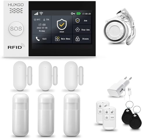 HUXGO® HXA007 Alarma casa con Sirena WiFi + gsm | Kit Alarma casa con 3X sensores PIR de Movimiento, 3X sensores de Puerta/Ventana | Tuya App. con Aviso a movil