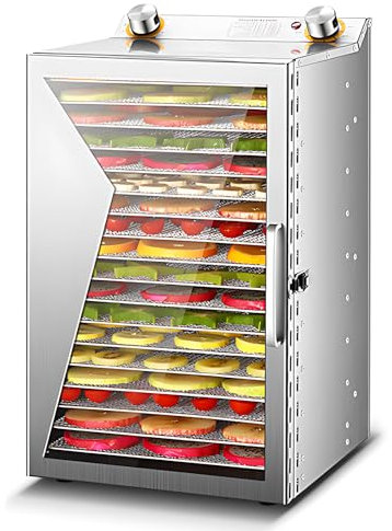 Kavolet Essiccatore in acciaio inox per alimenti e carne secca con 18 secchi disidratatore frutta disidratatore 12h timer 800W 30-90°C con grande manopola e finestra visibile