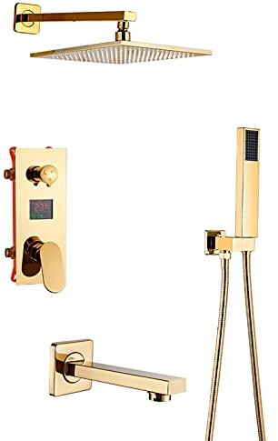 Système De Douche Ensemble De Robinet De Douche De Salle De Bain À Affichage Numérique Doré Avec Bec De Baignoire, Ensemble Combiné De Douche Mural, Mitigeur En Laiton Avec Pomme De Douche, Douche À