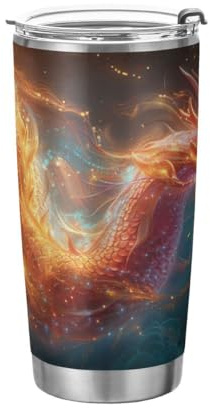 JUMBEAR Vaso de 590 ml, hermoso dragón de fuego de acero inoxidable aislado al vacío, taza de café y agua, doble pared con recubrimiento en polvo, a prueba de derrames, taza térmica para el hogar y