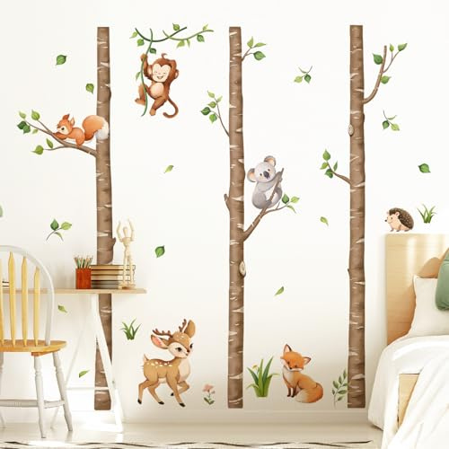 Tanlaby Groß Baum Birke Wandsticker Waldtiere Wandaufkleber Tiere Affen Rehe Füchse Wanddeko für Babyzimmer Spielzimmer Wandbild Kinderzimmer Schlafzimmer Wohnzimmer