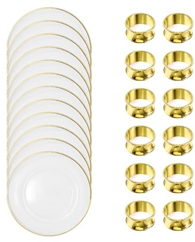 12 Gold Trim Acrylic Charger Plates & 12 Hammered Design Napkin Rings