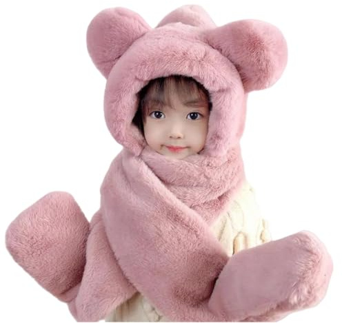 Kids Winter Plush Beanie Hat Scarf Gloves 3 in 1 Set Warm Cute Faux Fur Long Hoodie Earflap Scarf Mitten Gift for Girl Boy