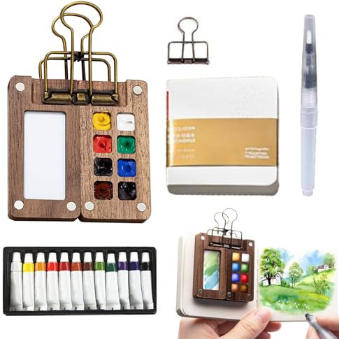 Yamobi Kit tavolozza per pittura ad acquerello in miniatura a 8 griglie, mini scatole da pittura ad acquerello, portatili, per acquerello, tavolozza di legno