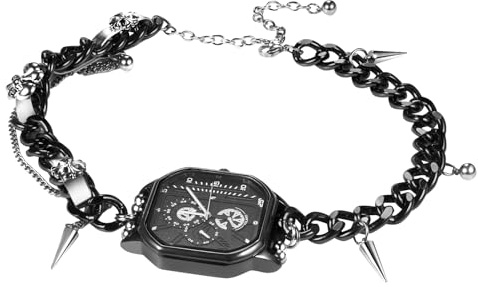 JewelryWe Taschenuhr Damen Choker mit Uhr: Gothic Analog Quarz Achteckig Kettenuhr Edelstahl Panzerkette Leder Chunky Verstellbar Halskette Kreuz Spikes Anhänger Quadratisch Anhängeruhr Schwarz