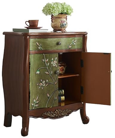 Schmuckschrank Stehend mit 1 Schublade und 2 Türen Beistellschrank aus Holz Aufbewahrungsschrank Vintage Bemalte Möbel (Walnuss und Grün, 66 * 33 * 77.5cm)