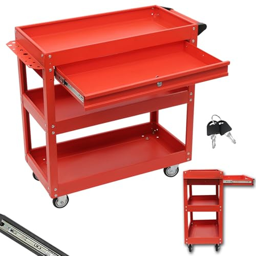 DHQCQL Carro de herramientas para taller, 3 compartimentos, banco de trabajo con cajones y cerradura, carrito de herramientas móvil, con cajones, para talleres, garajes, obras, hasta 150 kg (rojo)