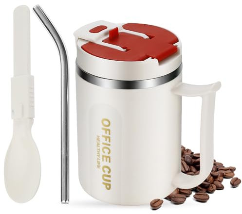 Kytpyi Tazzine Caffe, 500ml Moda Acciaio Inossidabile Termos Caffè con Coperchio 1 Cannuccia 1 Cucchiaio Pieghevole per Casa Scuola Ufficio (Rosso)