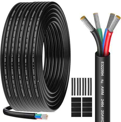 HuLuWa UL2464 20AWG 4x0,52mm² Cavo 4 Conduttori, 20m | Rame stagnato, guaina PVC. Per LED, auto e sensori a bassa tensione 5V/12V/24V.