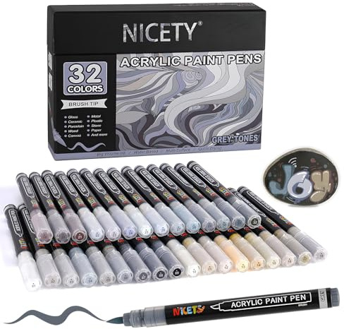 NICETY 32 Colores Rotuladores Acrílicos - Marcadores de Pincel para Pintura en Piedra, Madera, Vidrio, Cerámica - Punta de Pincel 1-6mm, Rotuladores Acrílicos a Base de Agua (Gris)