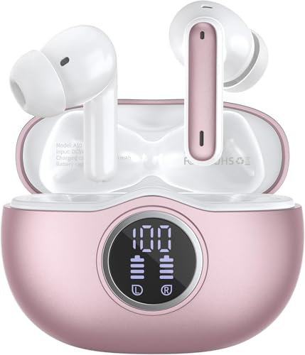 Auriculares Inalambricos Bluetooth, Cascos Inalámbricos Bluetooth 5.4 HiFi Estéreo con HD ENC Mic, 50 Horas Auriculares Inalambricos con LED Pantalla,IPX7 Headphones Compatible iOS y Android Oro rosa
