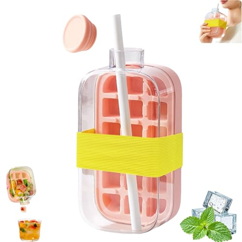 GWAWG Ice Cube Bottle Tray with Lid, 2 in 1 Water Bottle Ice Cube with Straw,with Leak Proof Lid, Portable Press to Release Design for Drinks, Outdoor, and Home Use (Pink, 800ml)