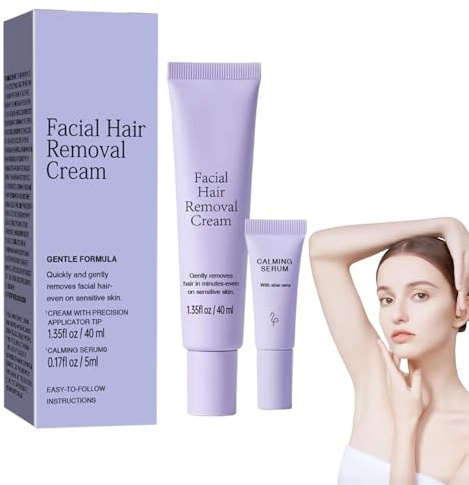 Facial Hair Removal Cream, Depilatory Cream & Calming Serum, Gentle Formula, Painless Hair Removal Kit for Women with Sensitive Skin