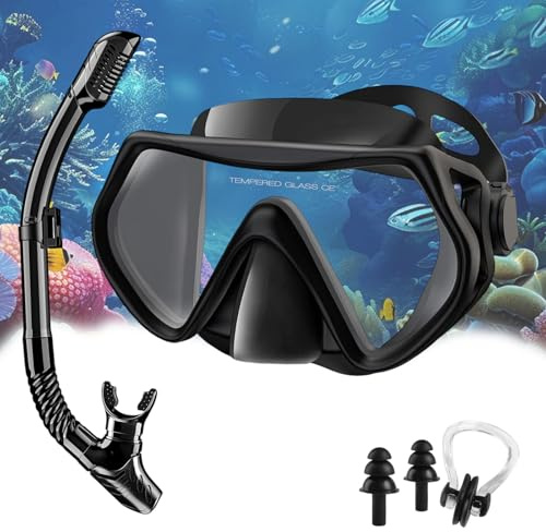 SupRovare Set de esnórquel para Adultos – Set de esnórquel con Gafas de Buceo y Tubo seco, Tapones para los oídos, Pinza Nasal y Bolsa de Viaje para esnórquel, Buceo y Deportes acuáticos