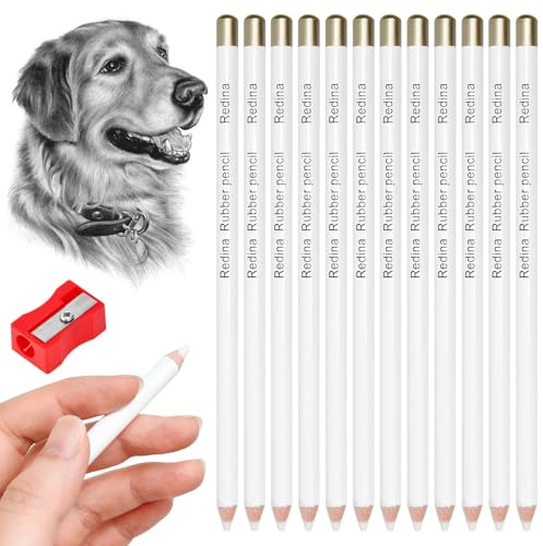 FuxFuis 12 PCS Lápices de Dibujo Blanco para Bocetos Lápiz de Goma para Bocetos Lápiz Borrador Dibujo Bolígrafo de Borrador de Artista de Madera Lápices Borrador de Arte para Artistas con Sacapuntas