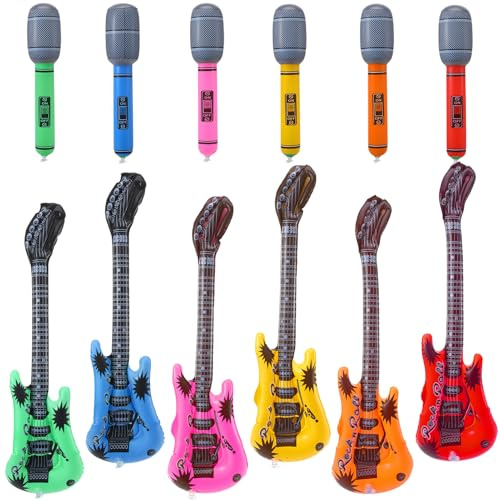 GSrenyu 12 Pcs Inflatable Party Props with Guitar and Microphone, Inflatable Instruments Props, for 80s 90s Themed Disco Rock and Roll Party Photo Booth Decoration