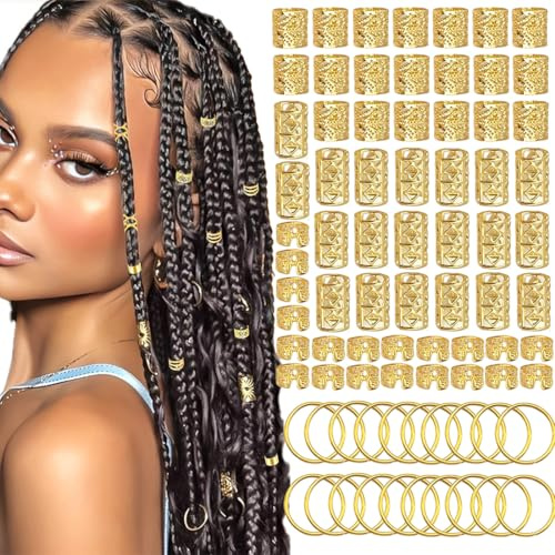 HAMKU 85 Stück Gold-Haarschmuck für Zöpfe, Loc Schmuck für Haar-Dreadlock, Haaranhänger für Frauen, Metall-Gold-Zöpfe, Ringe, Manschetten-Clips für Dreadlock-Zubehör, Haar-Zöpfe