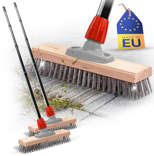 Novaliv 2X Robuster Drahtbürste mit Stiel Basic Stahlbesen mit 4tlg Stiel Effiziente Moosentfernung Straßenbesen für Pflastersteine & Garten Stahlbesen Mooskratzer Pizzabesen Pizzastein Bürste