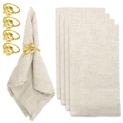 Servilletas de tela, servilletas de lino de Navidad, juego de 8 (4 servilletas de algodón + 4 servilleteros de anillos) para el uso diario/cocina/hogar/fiesta/bodas 40 x 40 cm