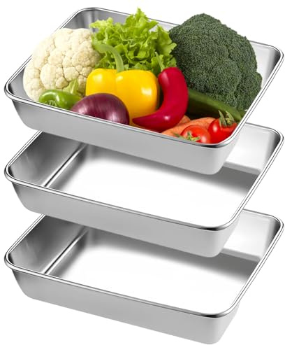 3pcs 25x20cm Rectangular Oven Safe Trays, Baking Trays, Stainless Steel Baking Trays, Multipurpose Cooking Sheets for Baking, Serving and Food Storage, Dishwasher Safe Metal Pan Set Easy to Clean