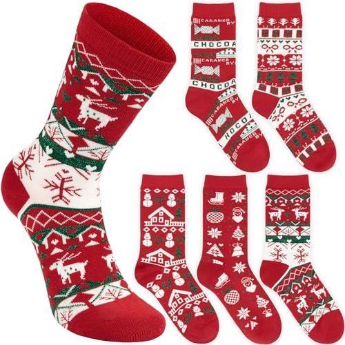 BRUBAKER 5 Pares Calcetines Navideños con Patrón Noruega - Copos de Nieve y Muñeco Nieve - Medias de Algodón Suave para Mujeres en Invierno - Un Obsequio - Rojo y Blanco - Talla 36-41