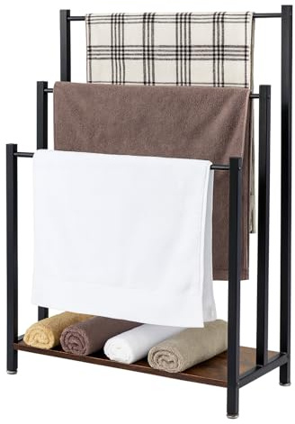 BLUE BAZAAR Freestanding Towel Rack 57X28X83CM - Industrial 3-Bar Metal Towel Rail with Storage Shelf & Anti-Slip Feet for Bathroom