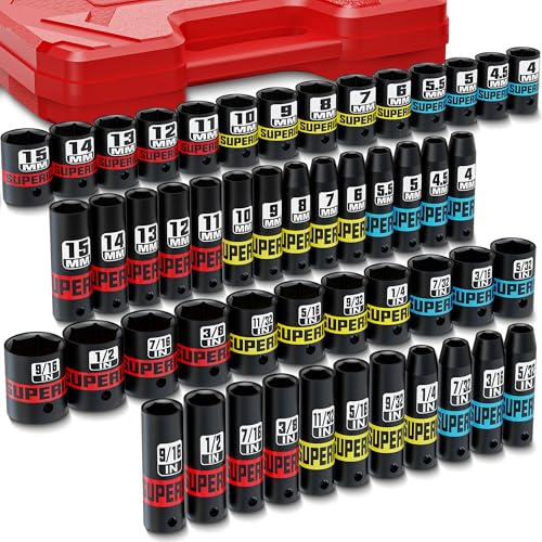 KIRXST 1/4 Inch Drive Impact Socket Set, 50 Piece Deep Sockets (SAE 5/32-9/16, Metric 4-15mm), SAE & Metric Socket Set for Bicycle, Motorcycle and Home Repair