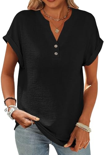 Yutdeng Camicia Donna Estiva Manica Corta Camicetta in Lino Cotone Leggero Elegante Blusa Top Scollo a V Maglietta con Bottoni Moda Casual Tinta Unita T-Shirt Comodo Vacanza Maglietta,Nero,M