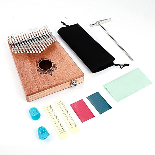 17 - Piano de pulgar Kalimba clave, piano de dedos portátil de madera con captador incorporado, cuerpo de caoba para un rendimiento amplificado, incluye martillo afinador (Madera Natural)