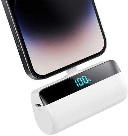 Mini Batería Externa 5200mAh para iPhone, Ultra Compacto Power Bank 20W PD Carga Rapida Cargador Portátil Powerbank con Pantalla LCD Compatible con iPhone 14/14 Pro Max/13 Plus/12/11/XR y Más (Blanco)
