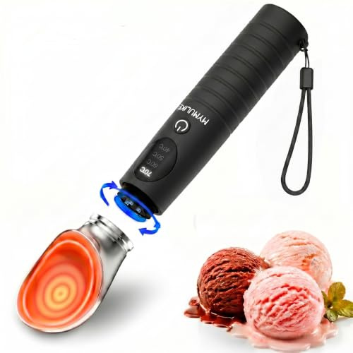 MYMULIKE Cuchara de helado calentable de acero inoxidable, 4 temperaturas (40-70 ℃), cuchara de hielo ajustable, 30 S, calentamiento rápido, cuchara de hielo recargable, apagado automático de 3