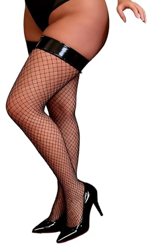 comeondear Calze Autoreggenti da Donna Sexy Rete con Bordo XS-5XL Taglie Forti Calze Fishnet Stile Punk in Similpelle Ideali per Reggicalze Curvy Overknee Trasparenti(Confezione Regalo) Nero,3XL-5XL