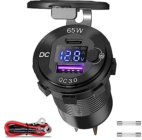 65W PD 12V USB-uttag för bärbar dator, Qiode Quick Charge 3.0 USB Billaddare 83W Strömuttag med LED voltmeter för 12V/24V bilar, båtar, motorcyklar, husvagnar, lastbilar och mer