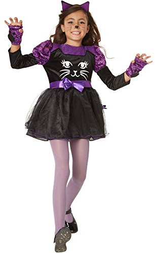 dressforfun 900471 – flickdräkt söt katt, förtjusande kattdräkt i svart med lila accenter (128 | nr 302096)