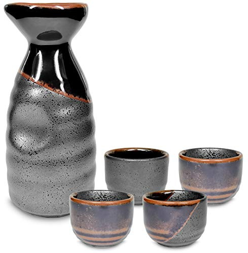 Product of Gifu Japan Japanese Sake Set, 1 Tokkuri Bottle Carafe and 4 Ochoko Cups Ceramic Sake Glasses, 5 Piece Set, Black Kuro Oribe