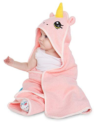 corimori 1846 Asciugamano 100% Cotone Bambini Neonati Extra Morbido Assorbente Accappatoio con Cappuccio Unicorno, Rosa