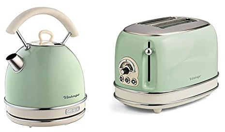 Ariete 2877 Vintage Wasserkocher, 2000 Watt, 1,7 Liter, beige/grün, Rostfreier Stahl, 1.7 liters & 155 Toaster mit 2 Schlitzen Vintage Vert