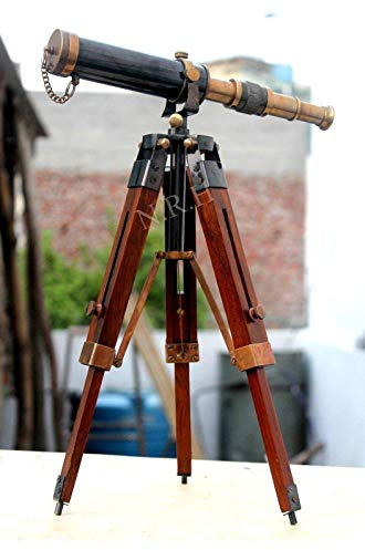Telescopio vintage de latón con trípode único de madera, telescopio de escritorio, decoración antigua para el hogar