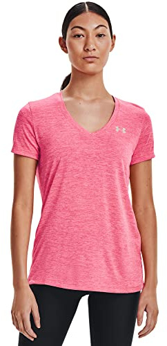 Under Armour Tech Short Sleeve V - Twist, kurzärmliges & atmungsaktives Laufshirt für Frauen, ultraleichtes T-Shirt mit loser Passform Damen, Cerise / Pink Lemonade / Metallic Silver , XS