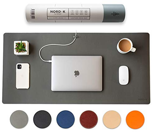 Nordik Leather Desk Mat Cable Organiser (Alaskan Grey 89 X 43 cm) Premium Extended Mouse Mat for Home Office Accessories - Non-Slip Vegan Leather Desk Pad Protector & Desk Blotter Pad