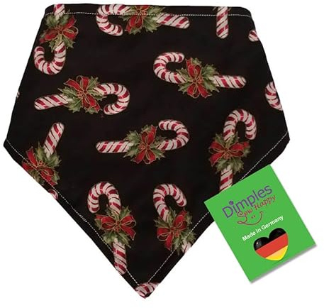 Dimples Hundehalstuch - Weihnachten Zuckerstangen schwarz rot - Halstuch, Bandana, Dreieckstuch für Hunde Welpen und Katzen - Tier Besitzer Geschenk - Handgemachtes Accessoire 25cm