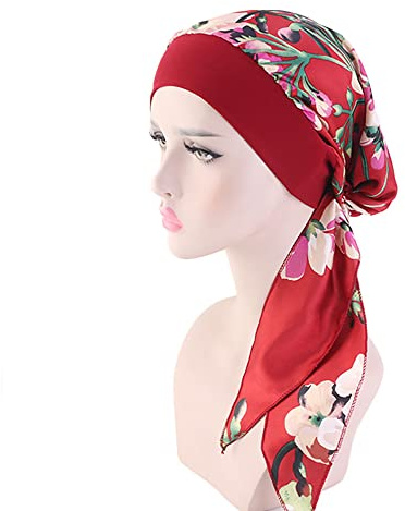 JUHONNZ Chimio Turban för kvinnor, satin huvudscarf bomull turban keps elastisk chiffong bandana keps för kvinnor cancer, Rött vinblomma, M