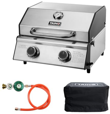 TAINO PLATINUM COMPACT Set Tischgrill Abdeckhaube Gasdruckminderer Gasgrill kompakt 2 Brenner Edelstahl