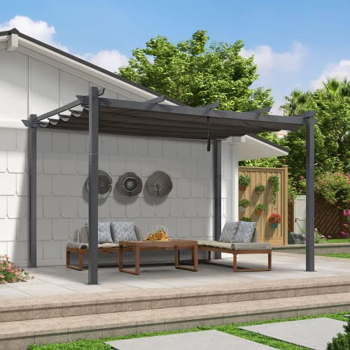 PURPLE LEAF 2.7 x 4 m Lean-to Pergola with Retractable Roof, Wall Mounted Aluminium Garden Pergola Gazebo, Patio & Outdoor Shelter for Garden, Terrace & Decking, Grey