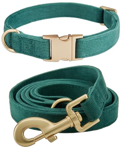 YUDOTE Dog Collar and Lead Set Medium,Soft Non-irritant Corduroy Collar Leash Matching Combo for Daily Walking,Green